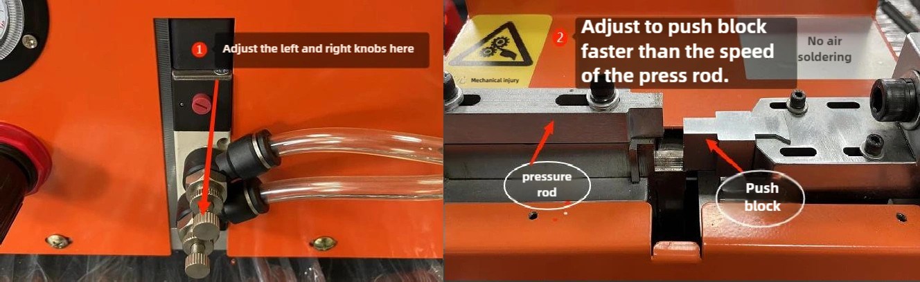 Adjust to push block faster than the speed of the press rod.